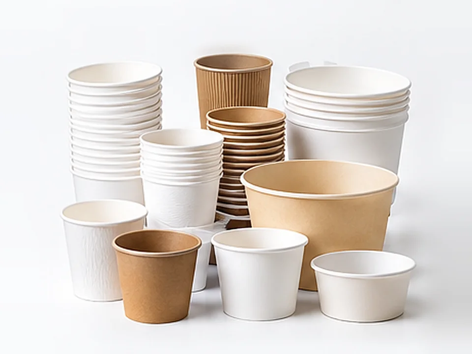 Stacks of white and brown paper cups and bowls in several sizes