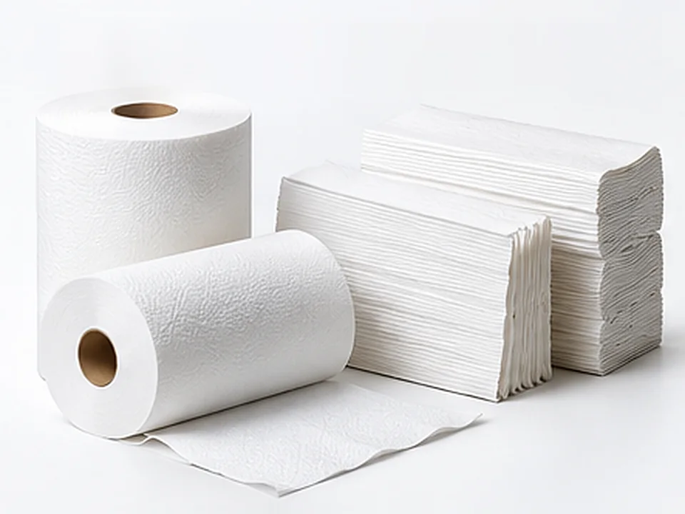 Paper towel rolls and folded hand towels