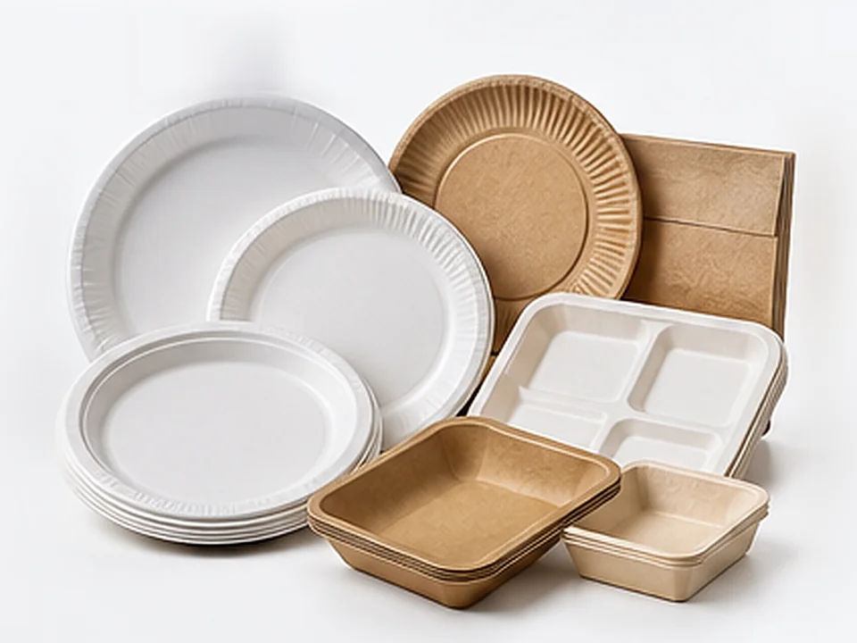 Round plates, compartment plates and bowls in white and natural-fibre finishes